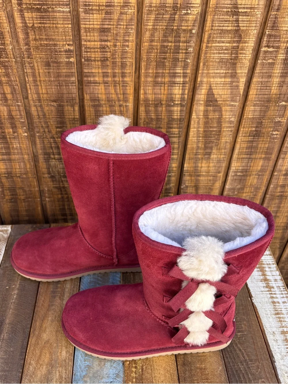 Koolaburra By UGG Victoria Red Wine Color Tall Boots With Pom-Pom Bows